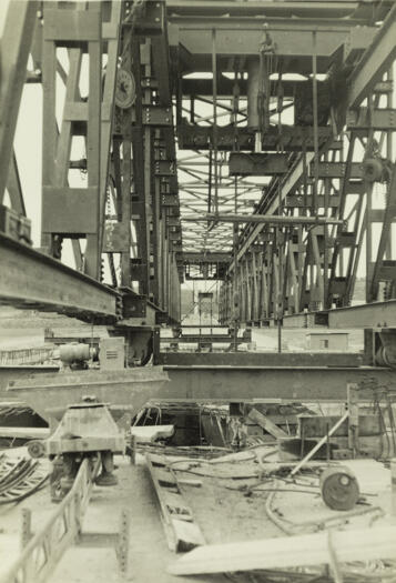 A view through the steel truss on Kings Avenue Bridge under construction