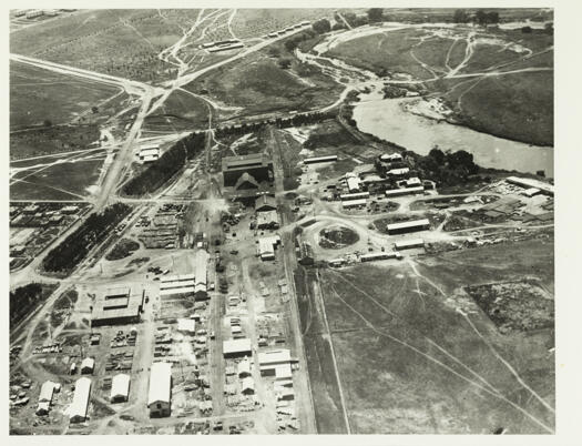 Aerial view of the Power House, Kingston showing the railway line, Wentworth Avenue and the Molonglo River behind the Power House.