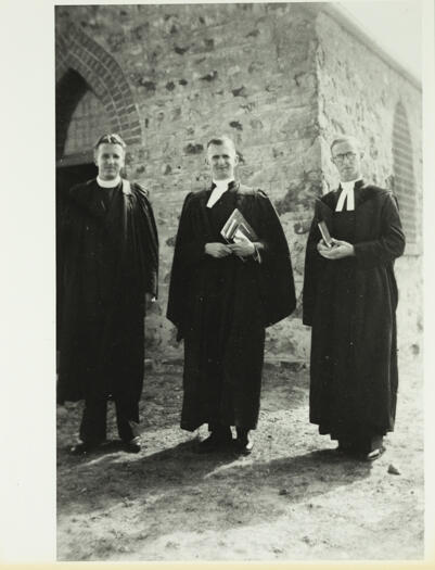 Re-dedication of St Ninian's Presbyterian Church, Yass Road (but now situated on Brigalow Street, Lyneham). Shows left to right: Mr. H.G. Durban, Rev. Hector Harrison, Rev. D.A. Ryrie.