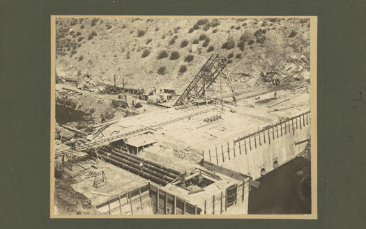 Cotter Dam construction showing the base of the dam, from the north side