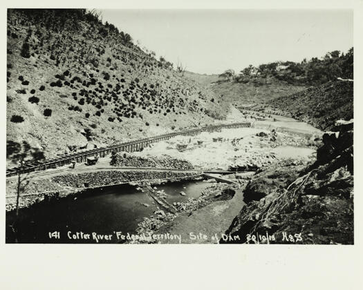 Cotter Dam site, showing the basic work being done for its construction.