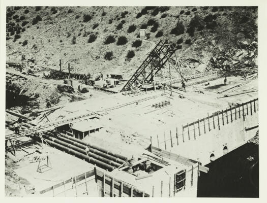 Cotter Dam - construction. Shows the start of the dam wall.