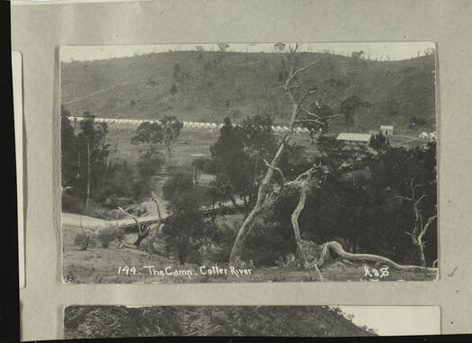 Looking down on the Cotter River workmens camp from a ridge. There are about 45 tents in the camp.