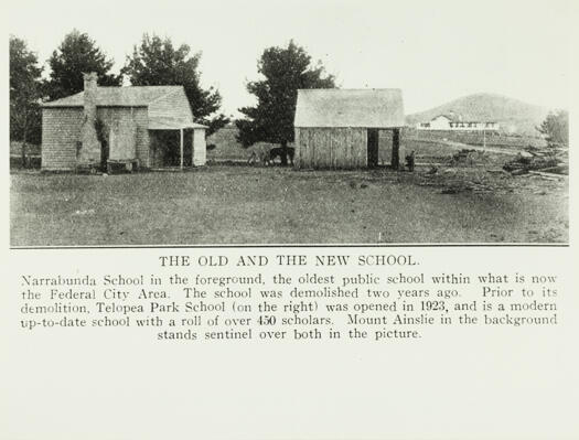 Photo of a clipping. The old Narrabundah School, also known as the Crossroads School. Telopea Park School (opened in 1923) is described as a modern school with 450 pupils.