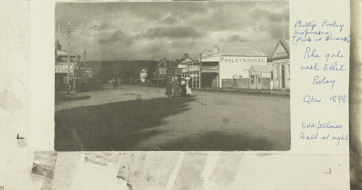 Pooley's Hotel, Monaro Street Queanbeyan, on the right of the photo with the Oddfellows Hall next door. Ethel Pooley and three Pike girls are also shown.