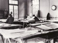 Men working in the interior of the Acton offices (now demolished)
