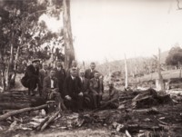 Early Federation party. Group of ten unidentified men, dressed in suits and sitting on logs in the bush.