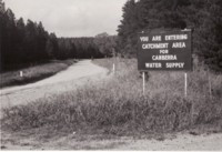 Cotter pine forests. Shows the road into the forests and a sign saying: \"You are entering catchment area for Canberra water supply\".