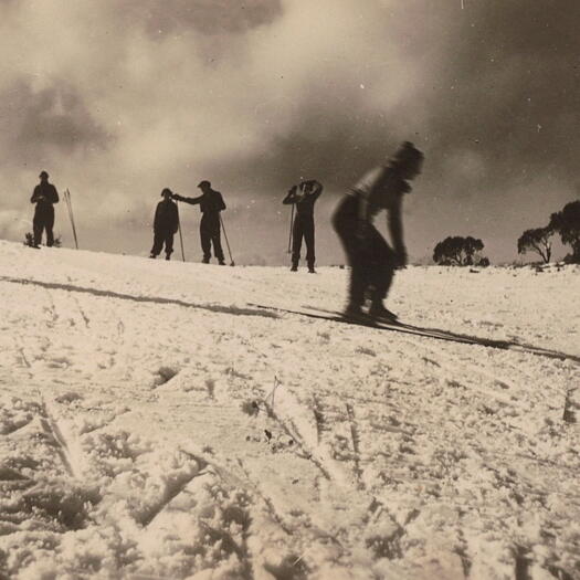 Eight people skiing at an unknown location.