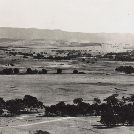 Panorama across the Canberra site to Acton (possibly from Mt Pleasant). Parliament House is on the left.