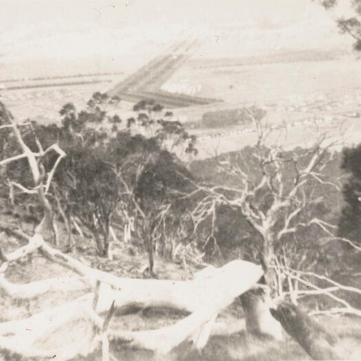 View of Mt Ainslie, westwards over North Canberra. The trees of Haig Park are visible.