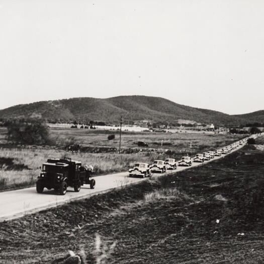 Funeral procession of Ben Chifley - enroute to Canberra Airport along Constitution Avenue.