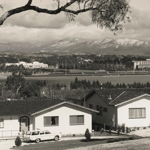 Snow on southern alps. View includes Parliament House, taken from Campbell