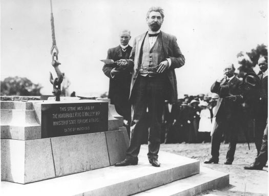 Minister for Home Affairs, King O'Malley, laying commencement stone, Canberra Day foundation ceremony on 12 March 1913