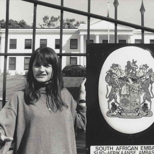 Anti apartheid demonstration - Kerry Browning at the Sth African Embassy