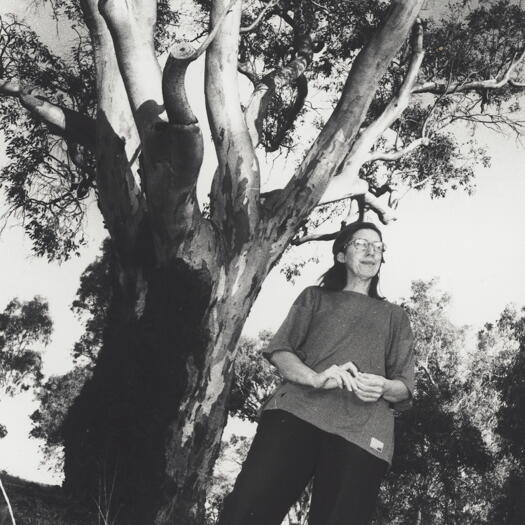 Jacqui Rees, conservationist, in front of red gum