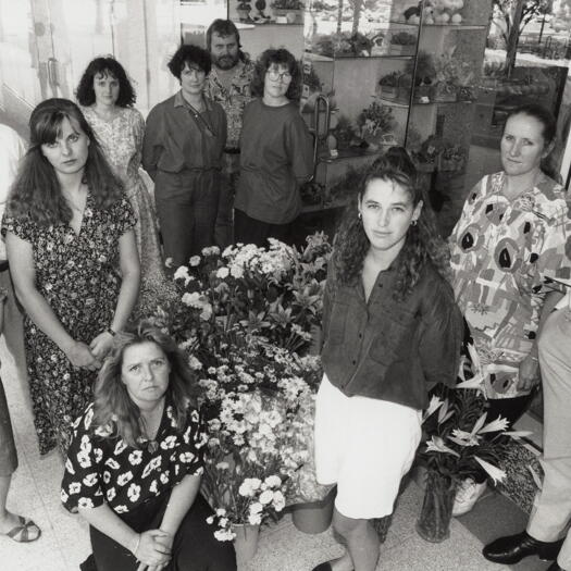 Angry florists protesting at a barrow in Civic.