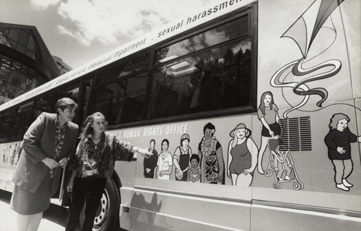 Rosemary Follett at the launch of the Human Rights bus