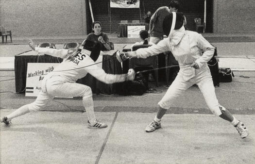 Two fencers in action during the AIS pentathlon