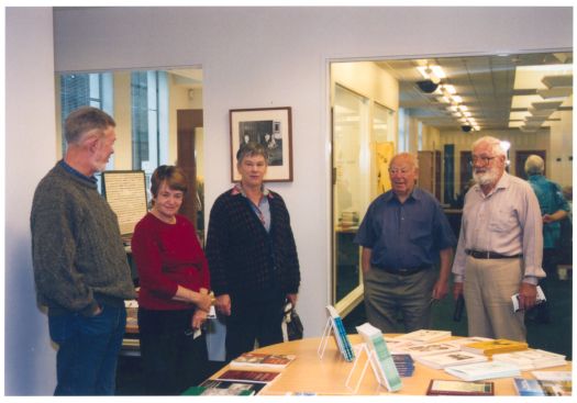 The CDHS exhibition at the Family History Fair at the National Archives building (formerly East Block). Shows LtoR - Robert Digan, Claire Lewis, Helen Digan, Ralph Clothier, Mervyn Knowles.
Size 20cmx12cm