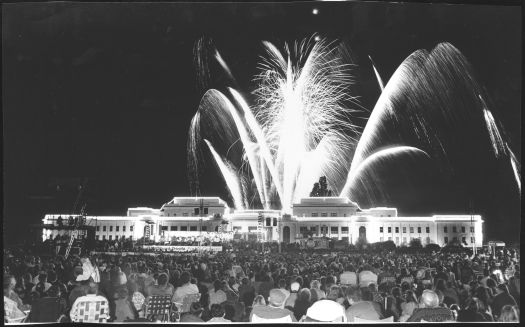 A night-time fireworks display is shown at the rear of old Parliament House, as crowds watch on the lawns. The event was held as part of the Canberra Day celebrations.
Size is 30cmx18cm.