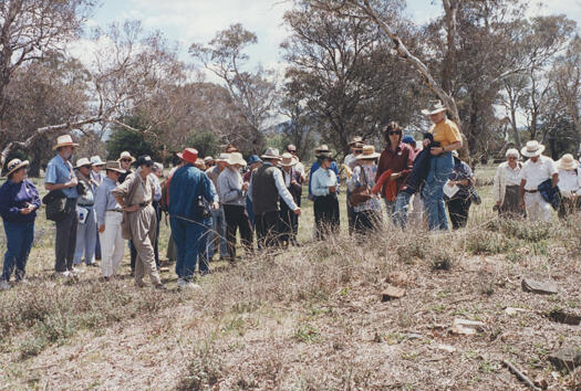Group photo of people on the 1994 CDHS excursion to Tuggeranong. Taken in bushland near Tuggeranong homestead in Richardson.