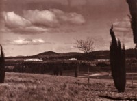 A view with Albert Hall, West Block and Parliament House in the distance. The foreground has some trees but is mainly open space.