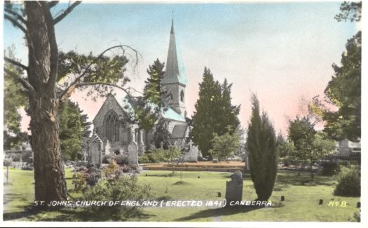 Looking at the rear of St John's and the cemetery with text 'St. John's Church of England (erected 1841) Canberra' and 'No.8' printed along the bottom.