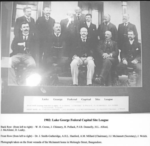 Photo of the Federal Capital Site League.  Back Row: W.H. Crowe, J. Chinnery, R. Pollack, P.J. Donnelly, A.L. Alford.  Front Row:  Dr J. Smith - Guteridge, A.H. Hanford, A.M. Millard (Chairman) J.J. McJannett (Secretary, J. Welch.