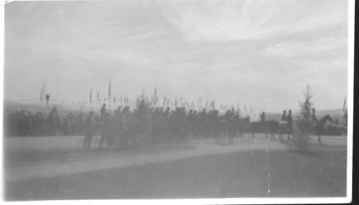 Photograph shows Mounted Police formed in front of Parliament House.