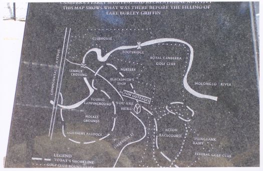 Map etched onto the memorial showing the layout of the Acton settlement before the filling of Lake Burley Griffin.