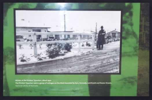 Printers Quarters about 1930. The Printers Quarters were a group of cottages on the block bounded by Eyre, Kennedy, Leichhardt and Dawes Streets in Kingston and was establihed to house workers at the Government Printing Office in Wentworth Avenue..