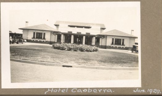 A close up view of the front of Hotel Canberra

