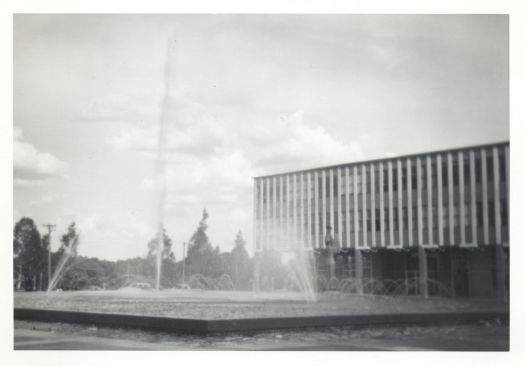 A side view of Civic Square showing the fountain, Ethos statue and the South Building