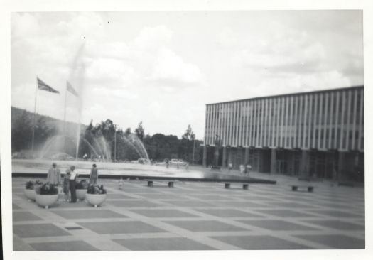 The fountain in Civic Square with the South Building (later the Legislative Assembly) to the left.