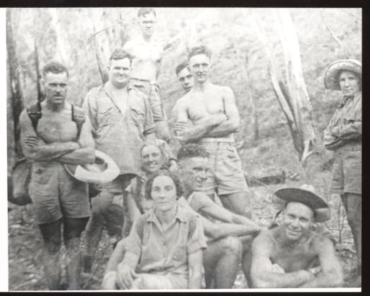 Bill Cosgrove, George Dibley, Alex Colley, Tim Coffey, Doreen Heluvich, Grace Jolly, Bill Hall, Roley Cotter, Jess Martin, Charley Culberg near Cotter River, below Mt Franklin.