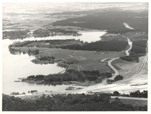 Looking south west from Black Mountain showing Government House, Lake Burley Griffin, Scrivener Dam