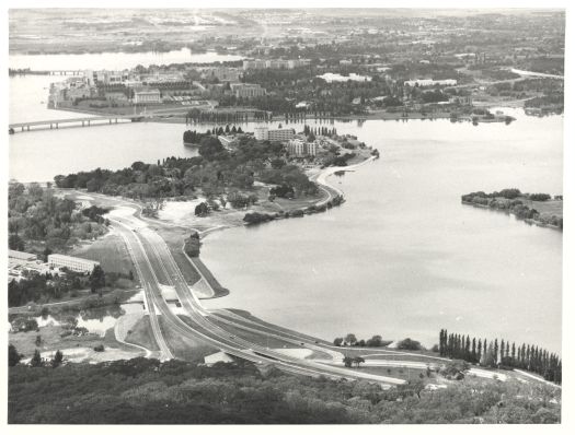 View from Black Mountain showing newly constructed Parkes Way from the Acton Tunnel to Clunies Ross Street, the Australian National University and Royal Canberra Hospital on Acton Peninsula.