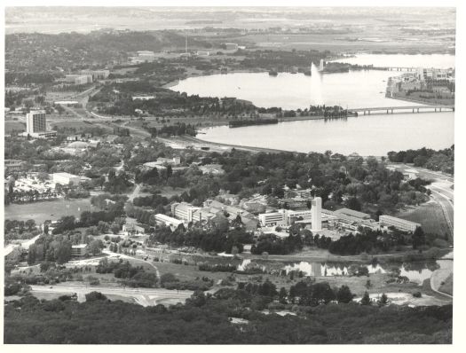 View from Black Mountain shows ANU, Lake Burley Griffin, Captain Cook Water Jet, Russell Hill