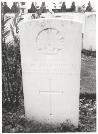 Headstone for M.M. Southwell, AIF Burial Ground, Grass Lane near Flers in France