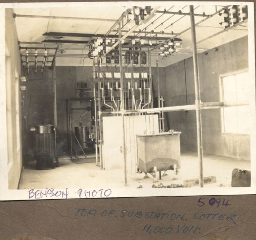 Photo shows electrical sub station at the Cotter, 11000 volts