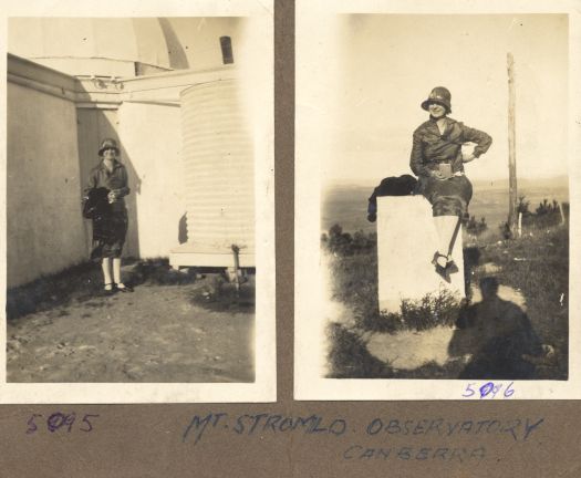 Val Emerton's mother Agnes Benson (nee Prowse) standing beside a water tank at Mount Stromlo Observatory