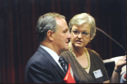 President of the CDHS Judy Becker and Minister for Home Affairs Bob Debus at the Canberra Day Oration at the National Library