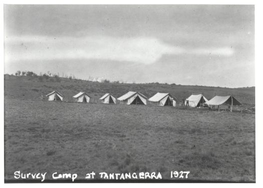 Survey camp of seven tents at Tantangara on the Murrumbidgee River just over the ACT border.