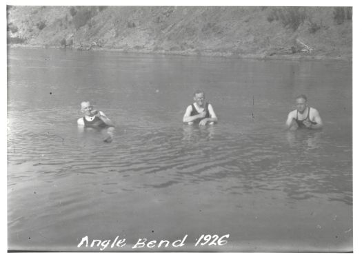 Three men swimming at Angle Crossing on the Murrumbidgee River