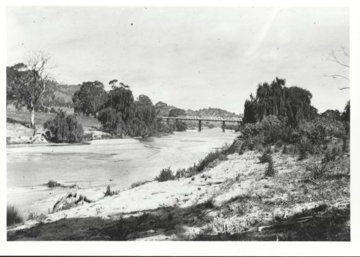 Tharwa Bridge in the distance. Water flow in the Murrumbidgee River is fairly low.