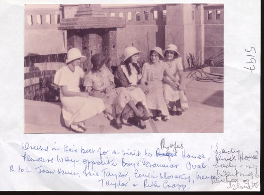 The girls were from right to left Joan Gruber?, Iris Taylor, cousin Dorothy, Mema Taylor, Rita Crapp