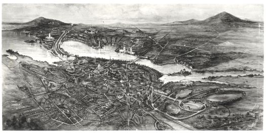 Federal Capital Design Competion 1911.  General view of the city and surrounds. By Griffiths, Coulter and Caswell.