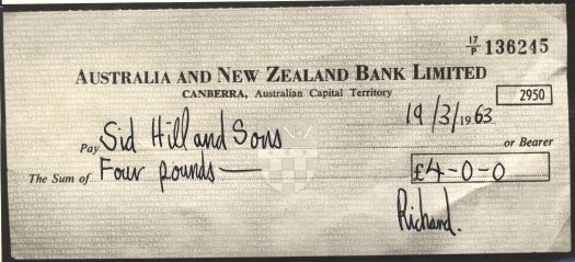 A copy of a cheque to pay Sid Hill and Sons four pounds. 