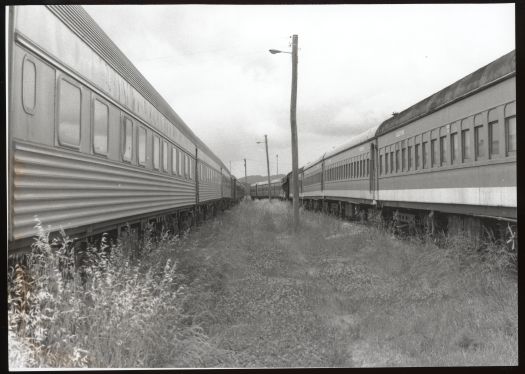 View of railway carriages in the rail yards at Canberra